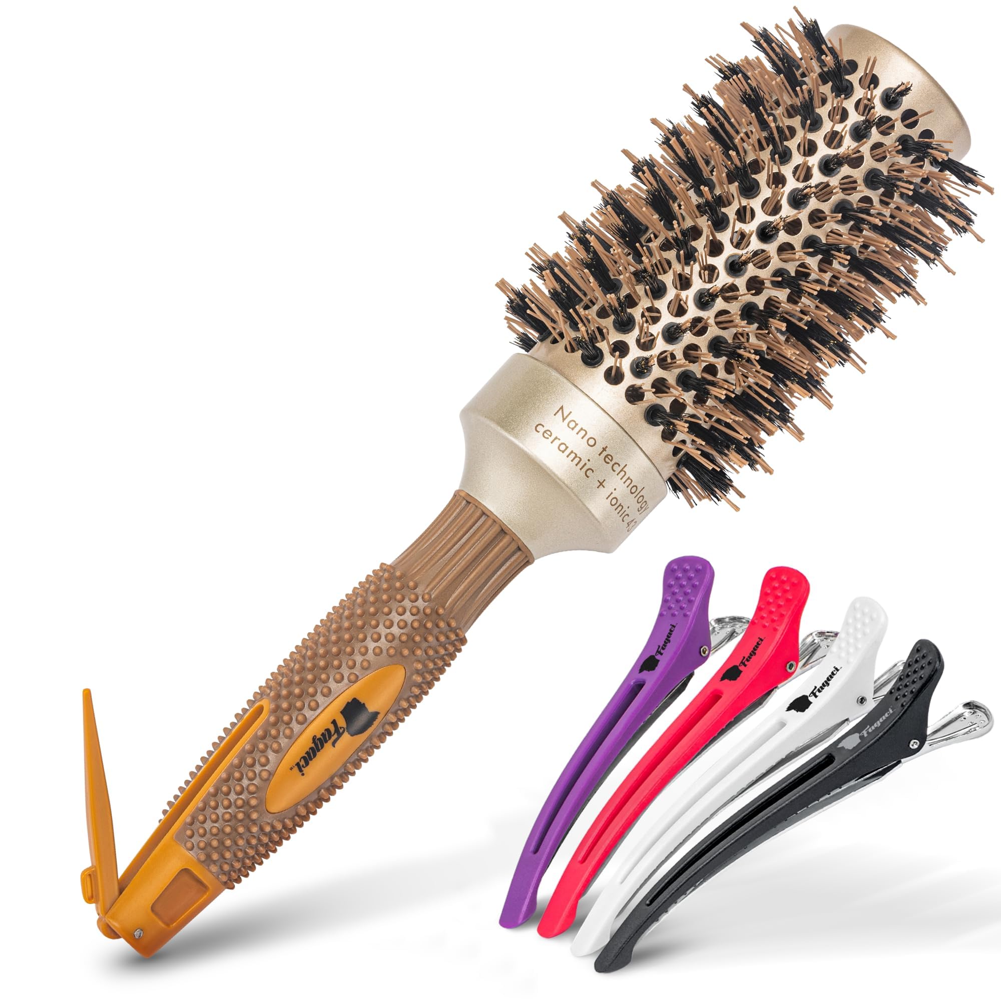 Brosse Fagaci ronde avec poils de sanglier naturel pour des cheveux lisses et protégés.