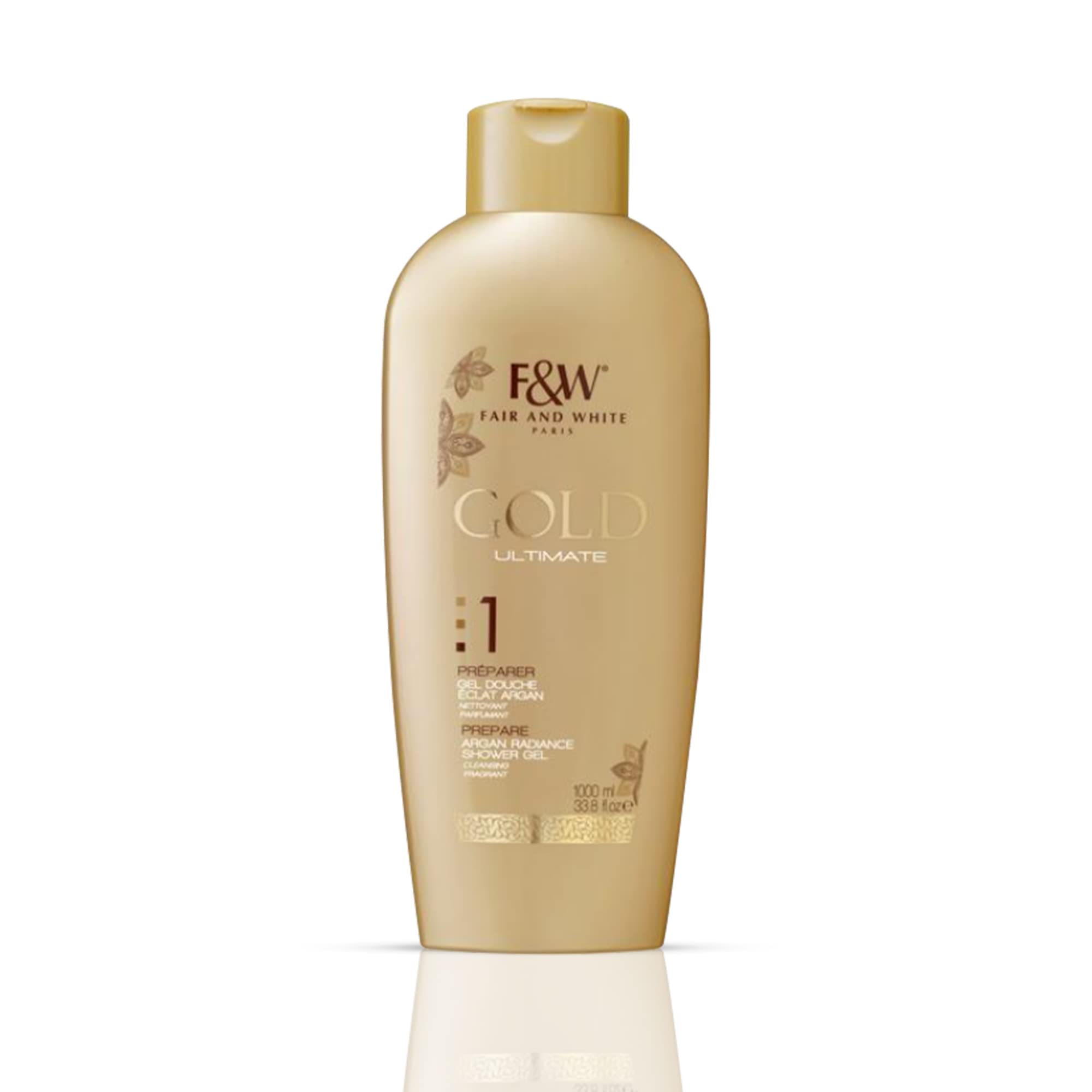 FAIR & WHITE Gold Radiance gel douche – bouteille élégante et parfum frais.