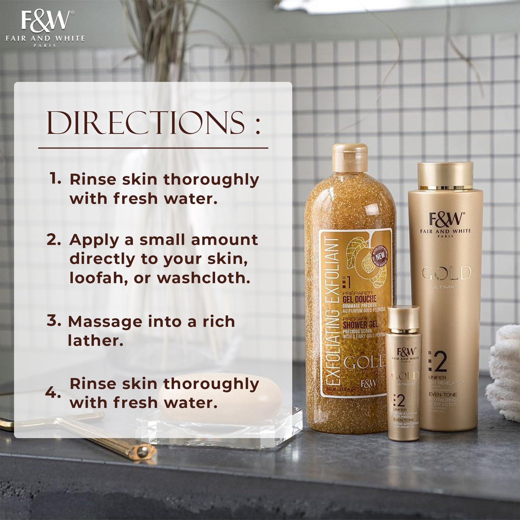 FAIR & WHITE Gommage Doré – après-douche, routine soin et bien-être.