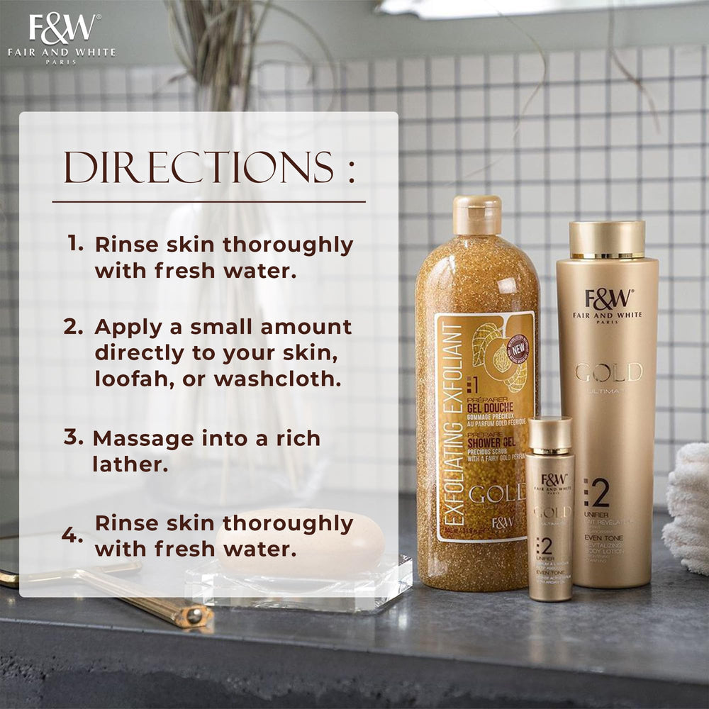 FAIR & WHITE Gommage Doré – après-douche, routine soin et bien-être.