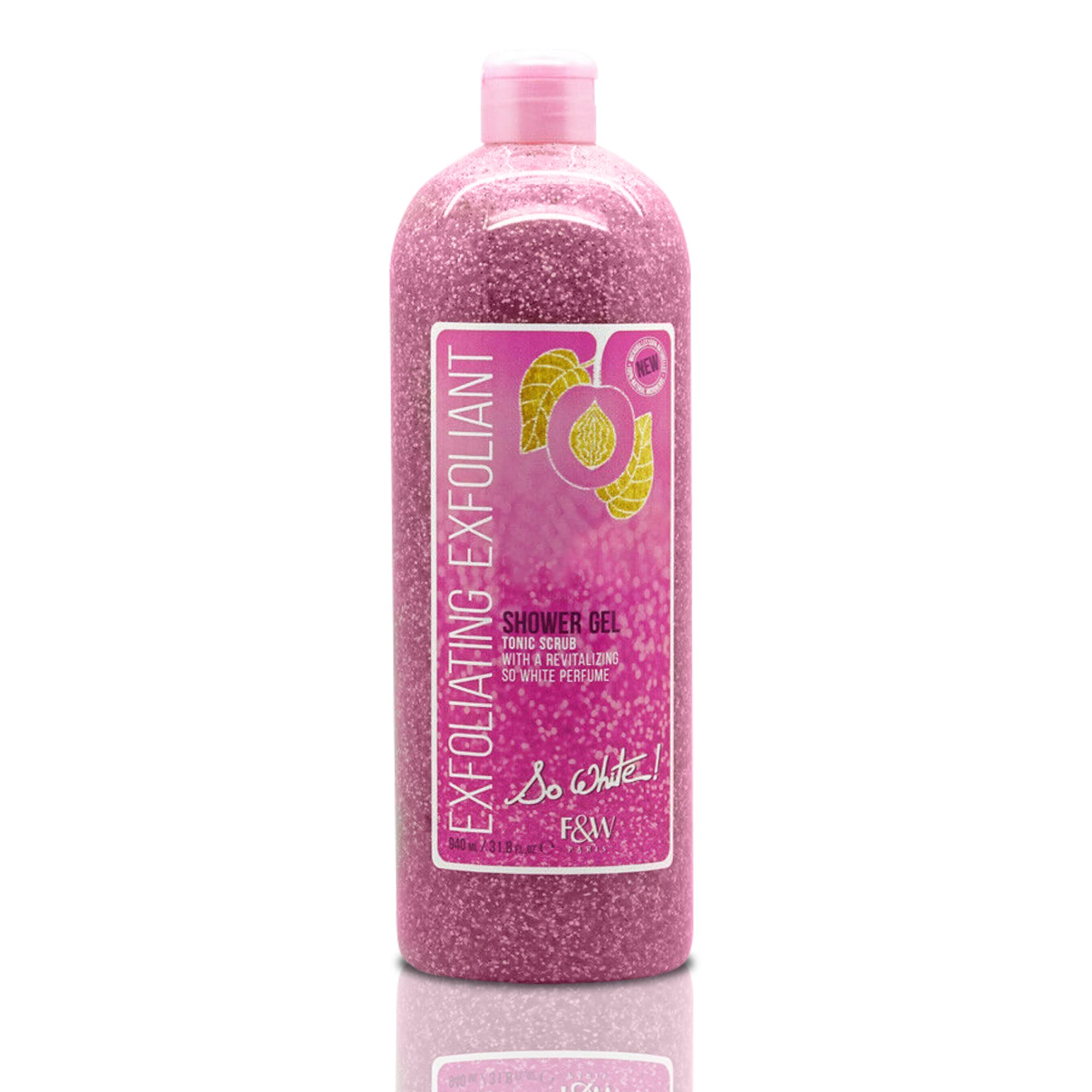 FAIR & WHITE So White Gel Douche Exfoliant 940ml – bouteille élégante pour exfolier en douceur.