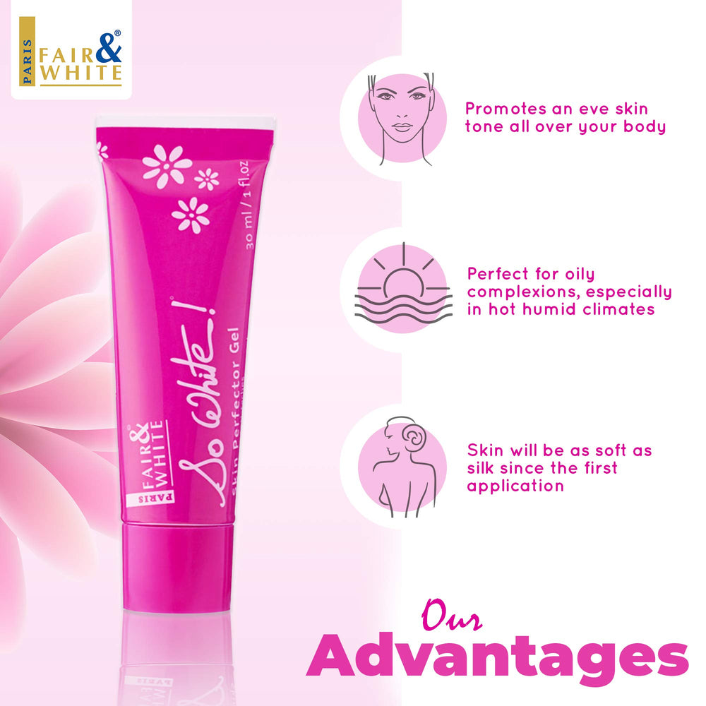 Emballage élégant de FAIR & WHITE So White Gel prêt à être rangé.