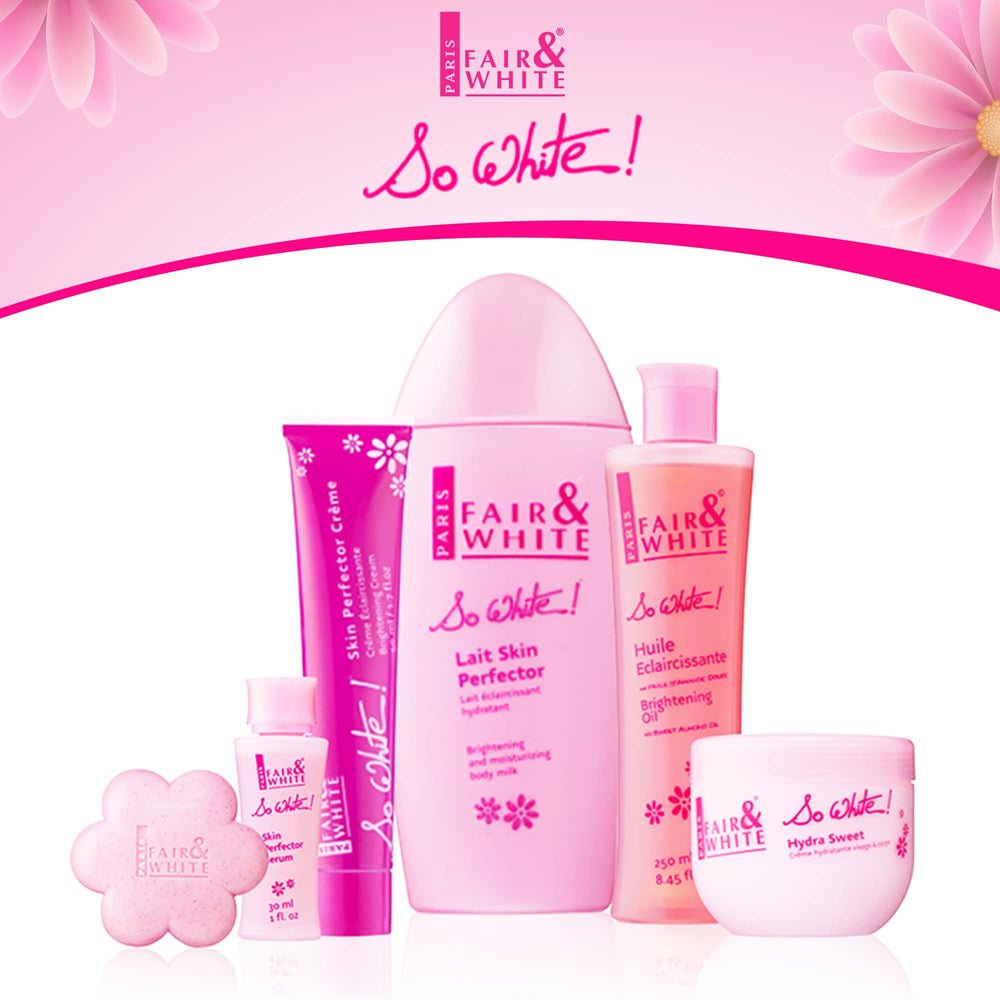 Emballage du Fair & White So White Savon Exfoliant prêt à l’emploi.