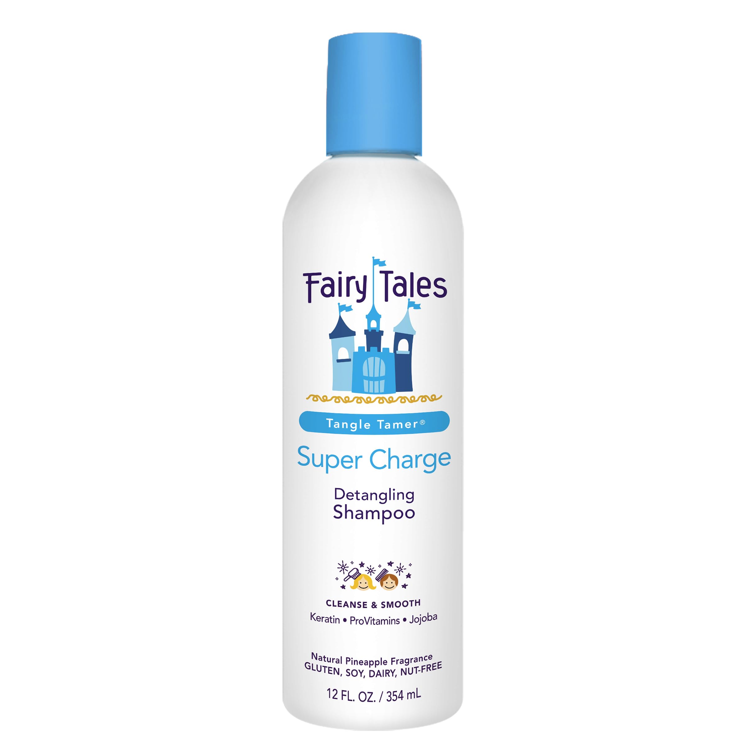Le shampooing Fairy Tales Tangle Tamer, bouteille pratique, facilite le lavage en douceur.