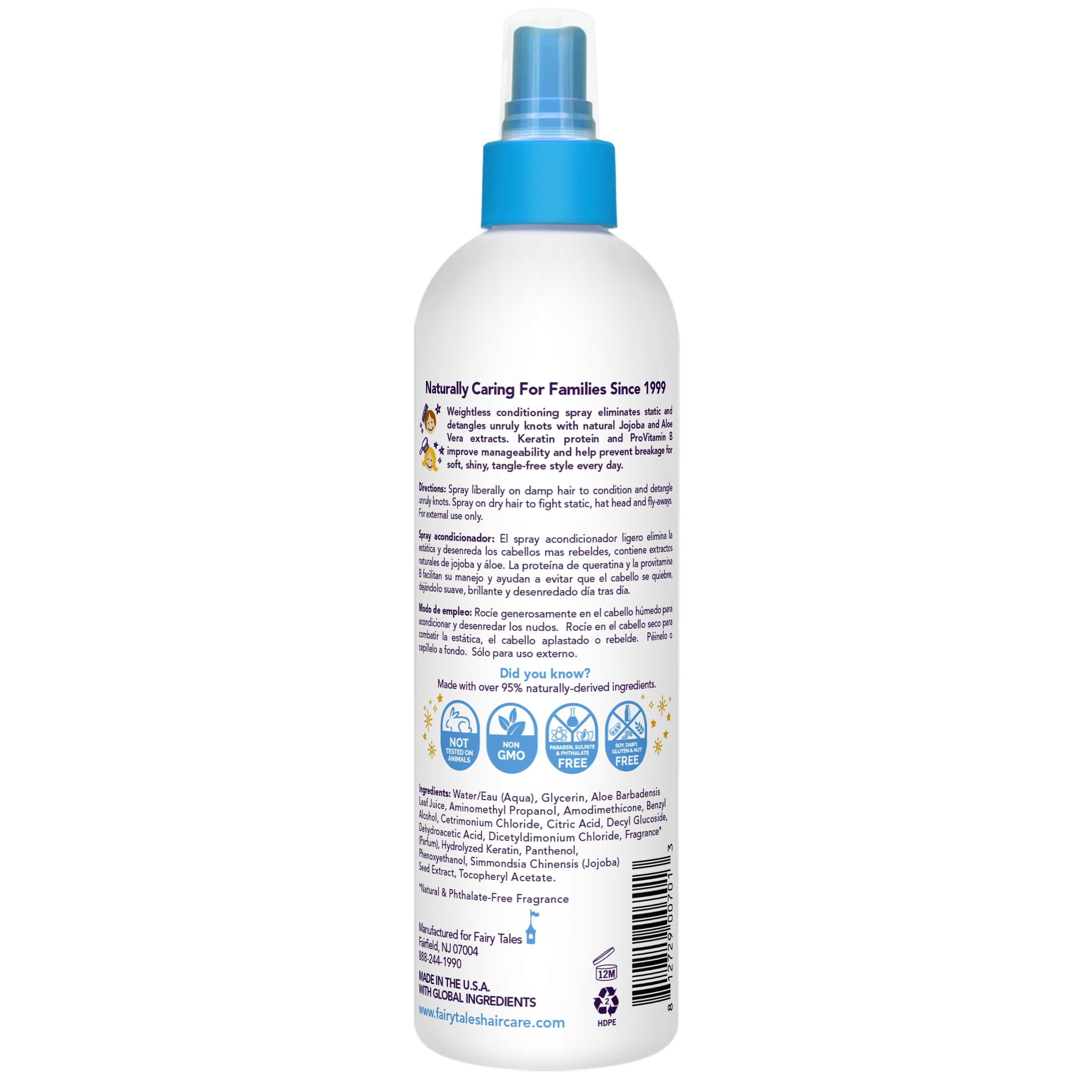 Brume légère du spray Fairy Tales Tangle Tamer apaise les frisottis et hydrate les cheveux.