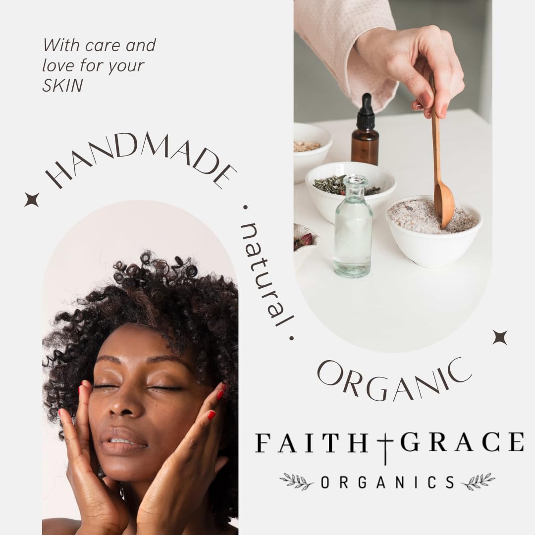 Faith and Grace Organics ingrédients naturels visibles, soutien hydratant et équilibre potentiel.
