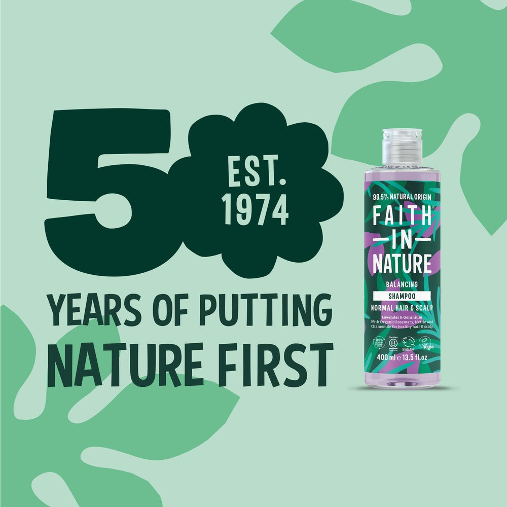 Shampoing Faith in Nature arôme lavande-geranium, expérience sensorielle calmante pour cheveux.