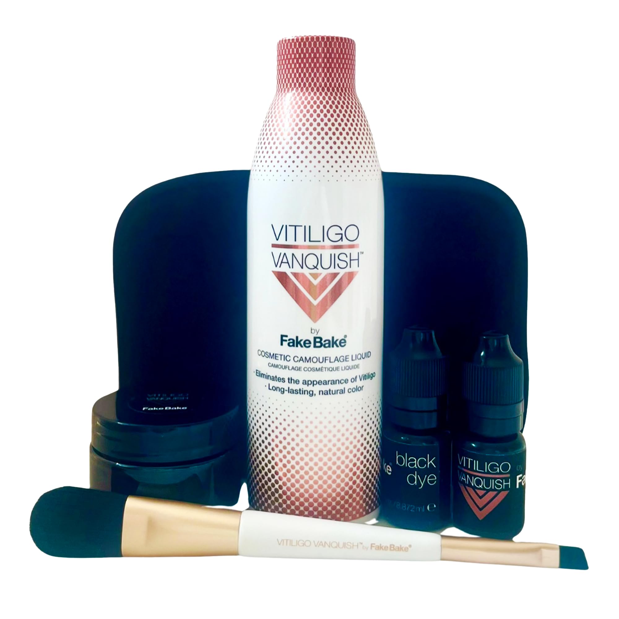 Kit Fake Bake Vitiligo Vanquish avec concealer liquide pour camoufler les dépigmentations.