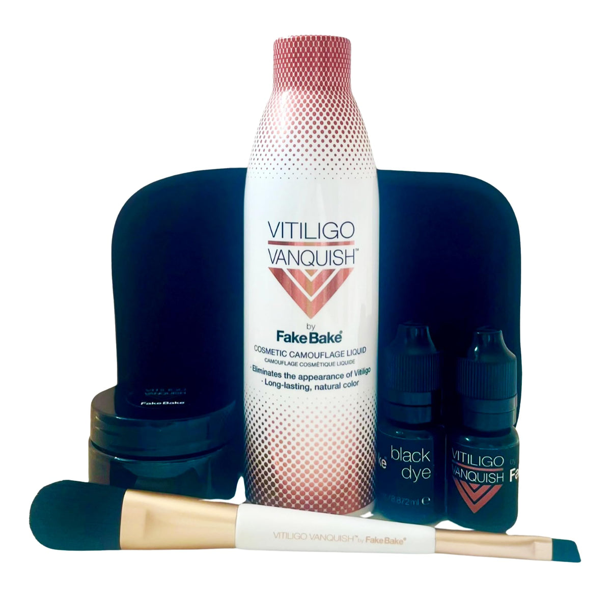 Kit Fake Bake Vitiligo Vanquish avec concealer liquide pour camoufler les dépigmentations.