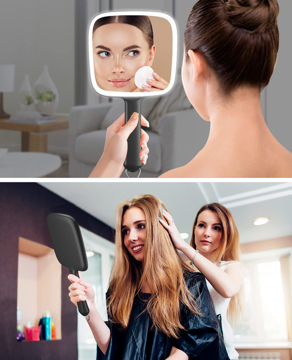 Miroir Famihomii utilisé en salon pour maquillage et coiffage.