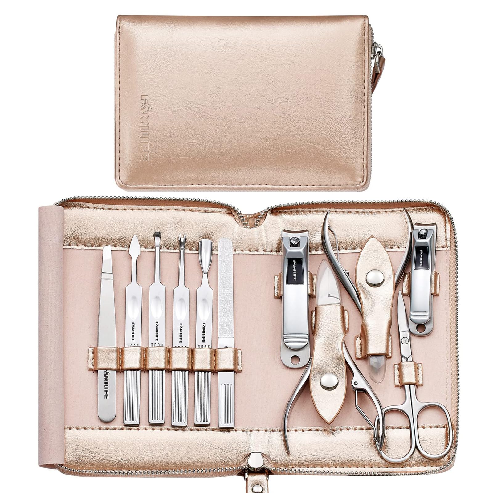 Système FAMILIFE dans sa trousse cuir rose, rangement pratique pour vos outils de manucure.