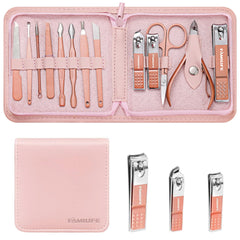 Kit FAMILIFE ensemble manucure 13 pièces avec étui rose, pratique pour voyage et entretien des ongles.