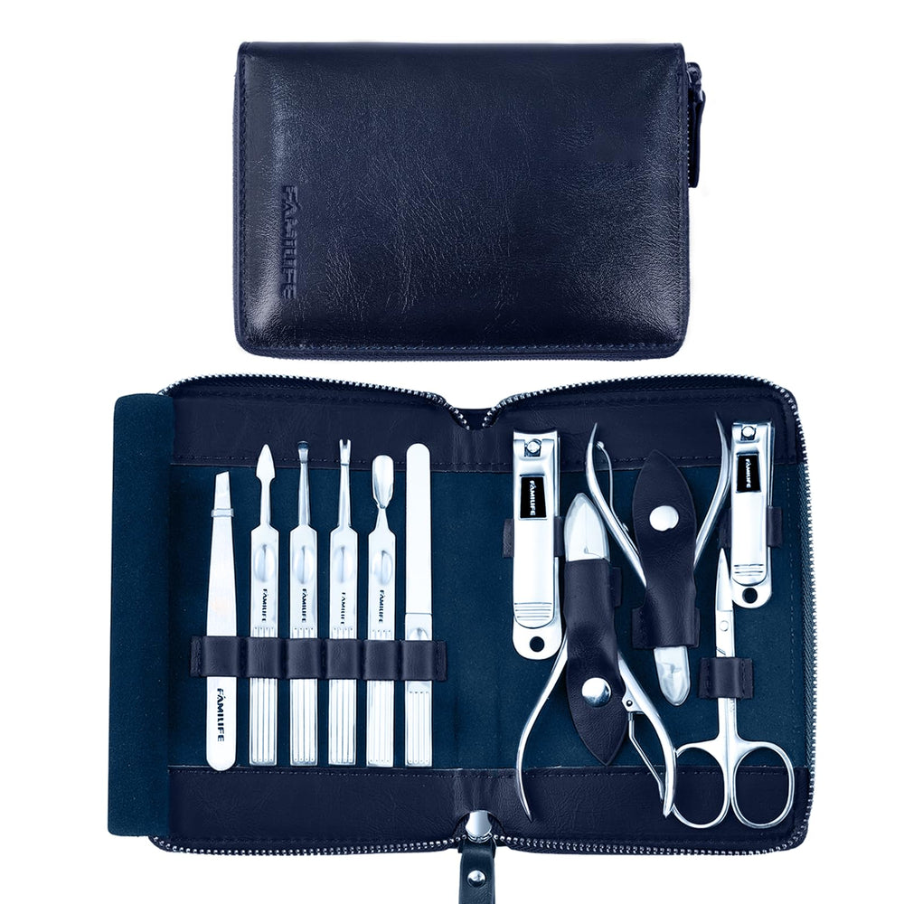 FAMILIFE kit manucure 11 pièces avec étui bleu, rangement soigné pour déplacements.