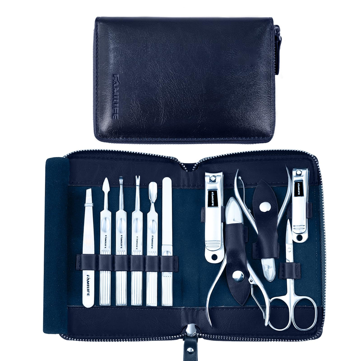 FAMILIFE kit manucure 11 pièces avec étui bleu, rangement soigné pour déplacements.