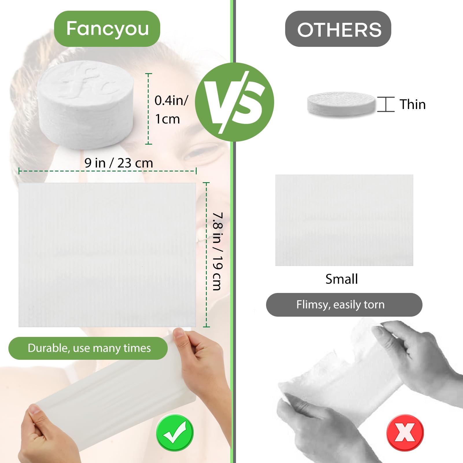 Fancyou taille 9x7,8 pouces ; grand format pour démaquillage efficace.