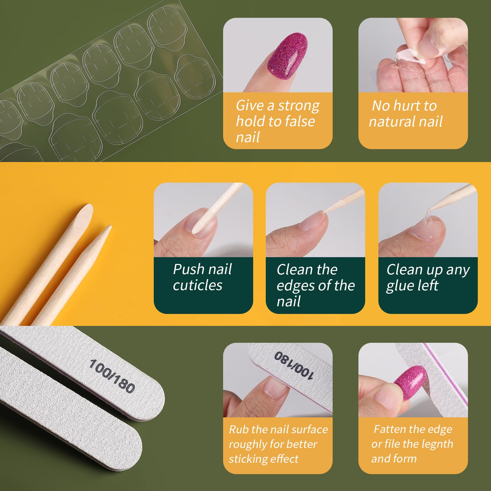 Ongles Fandamei adhesifs et lime, pose rapide et propre.