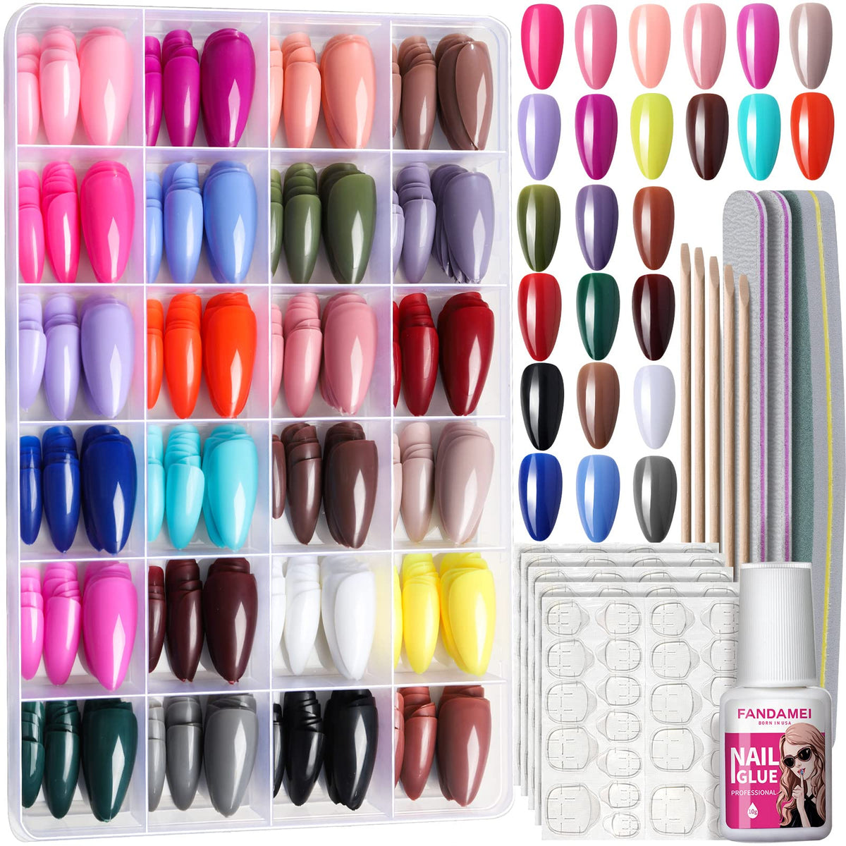 Ongles FANDAMEI auto-adhésifs, boîte transparente pour un look instantané.