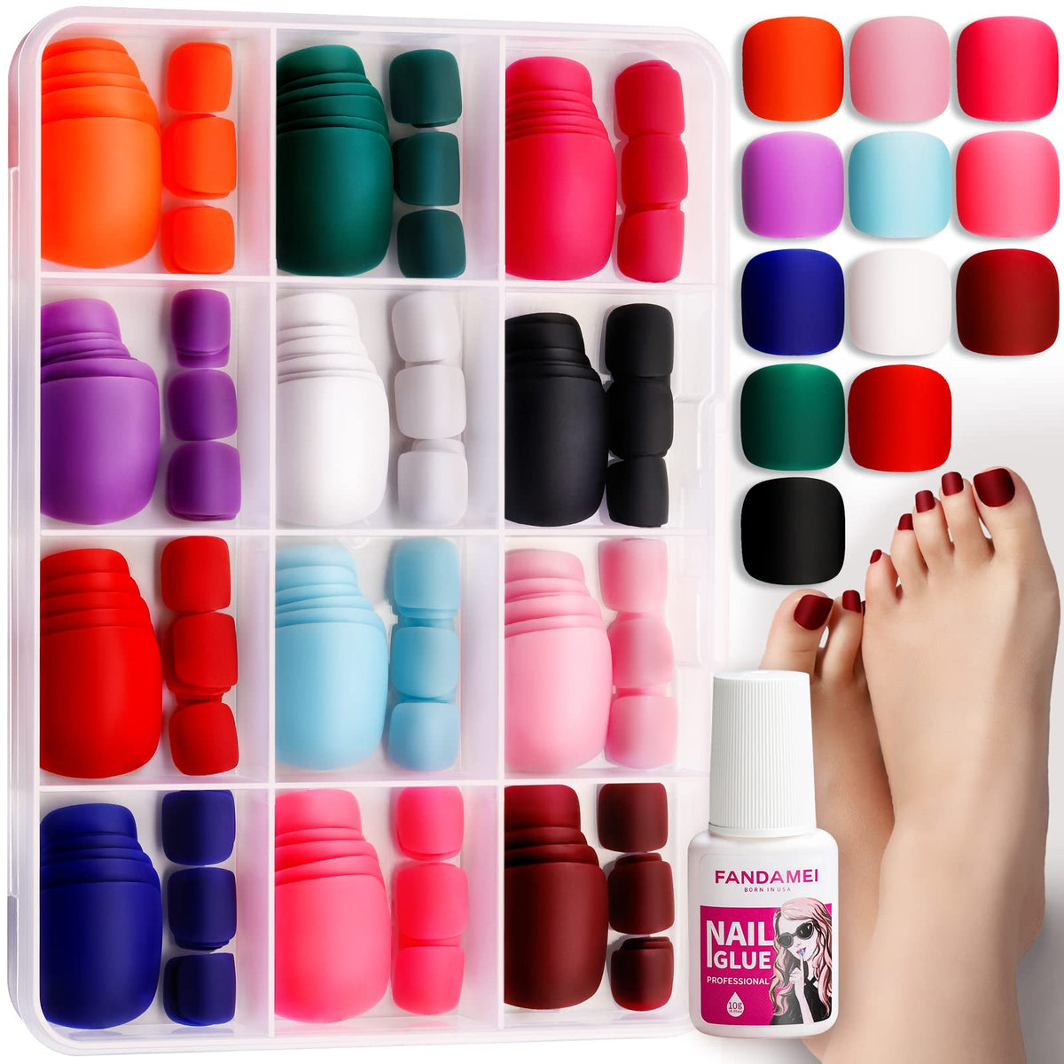 Ongles Fandamei à poser pour orteils, boîte pratique et 12 couleurs mats.