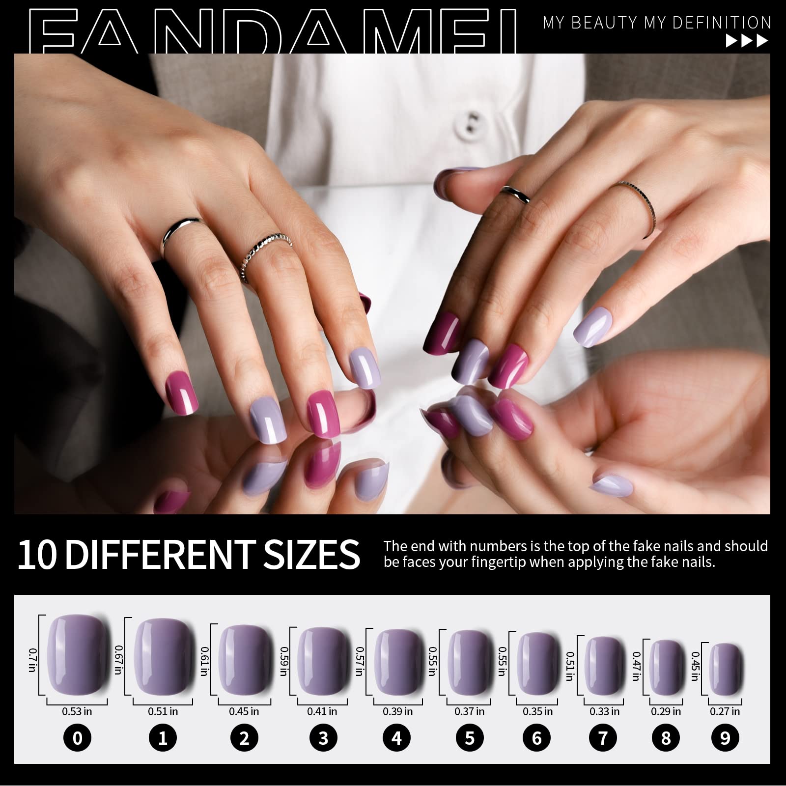 Ongles Fandamei presse-court en couleurs brillantes, prêt à porter.