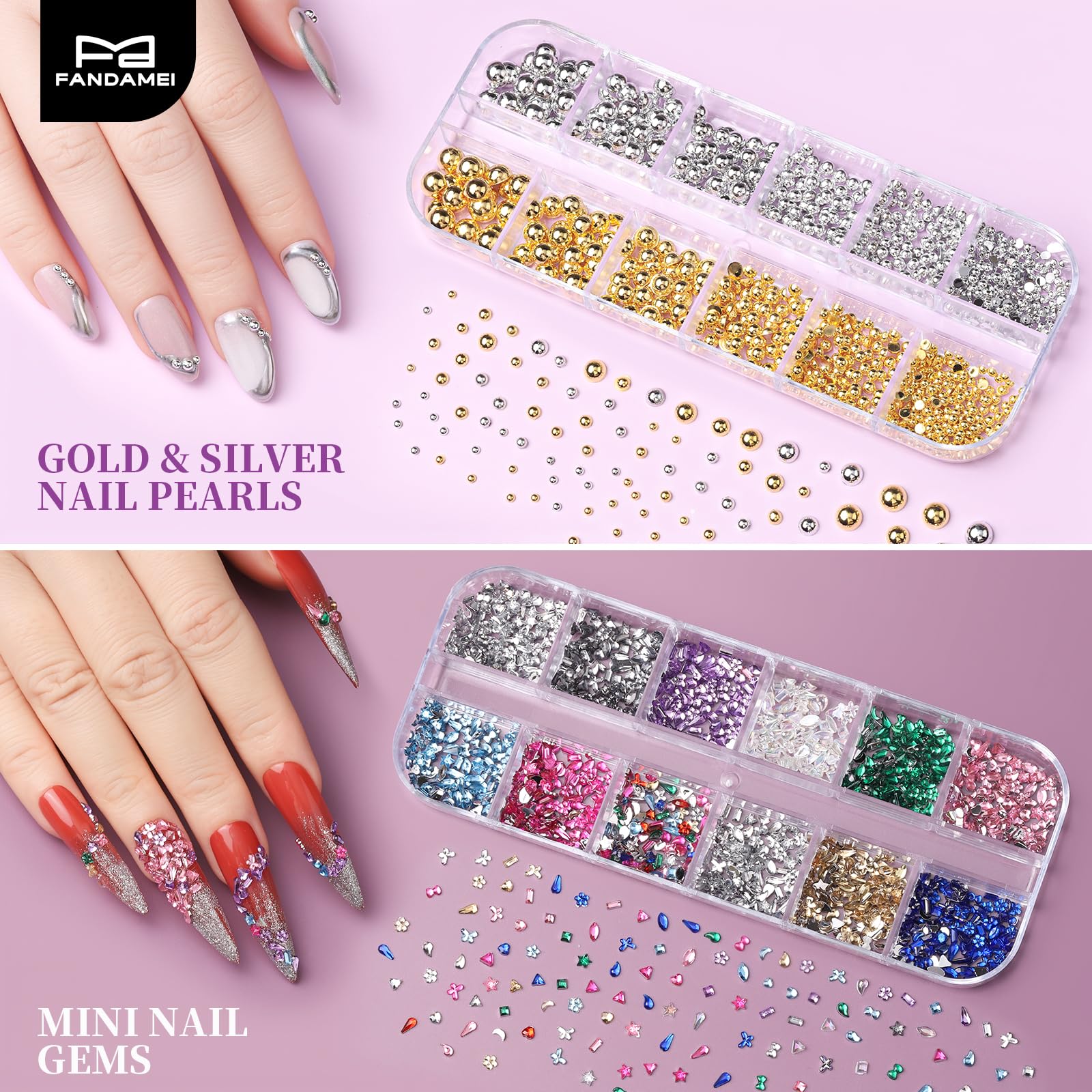 Perles dorées et argentées Fandamei pour un effet luxueux sur les ongles.