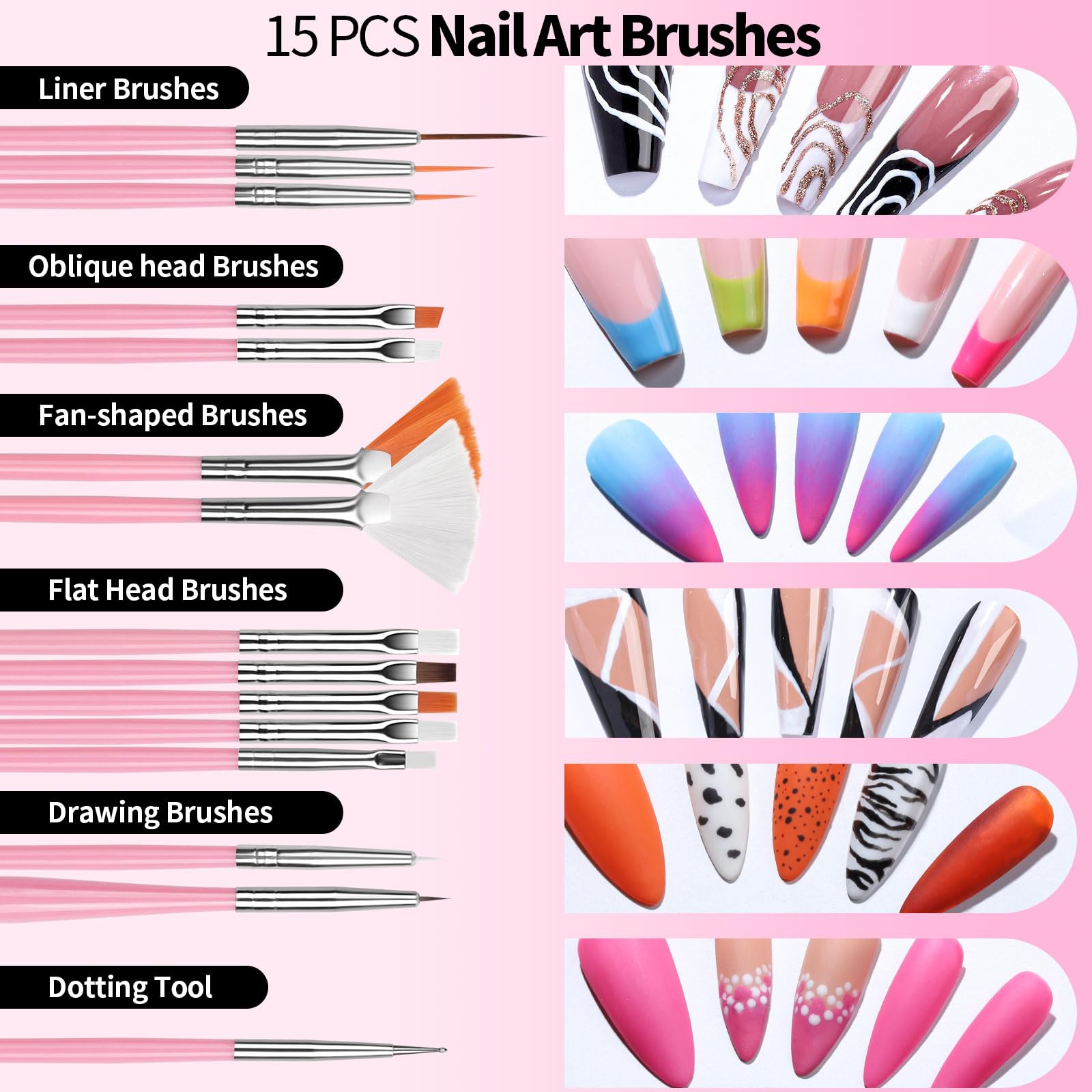 Pinceaux Nail Art Fandamei 15 pièces pour textures variées.