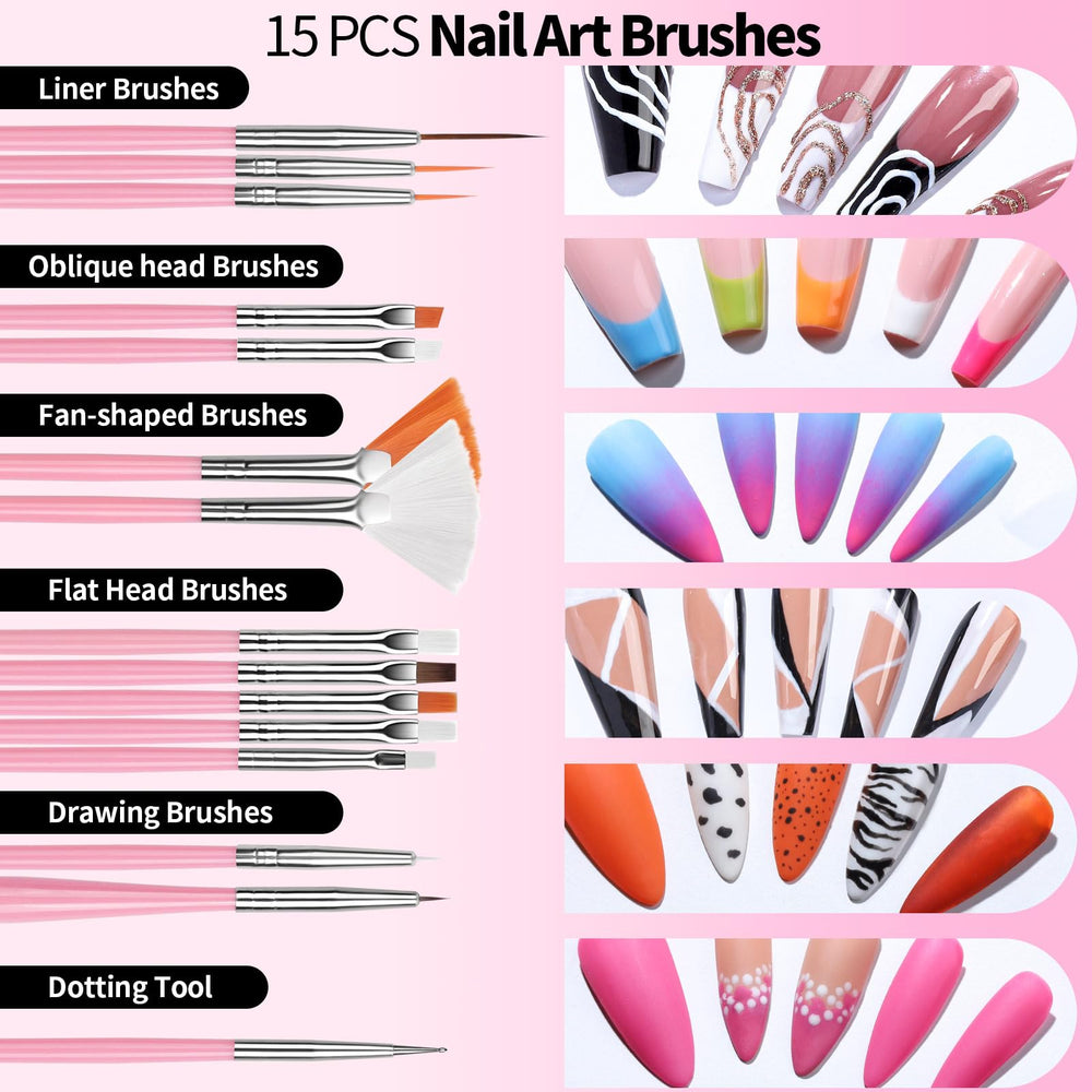Pinceaux Nail Art Fandamei 15 pièces pour textures variées.