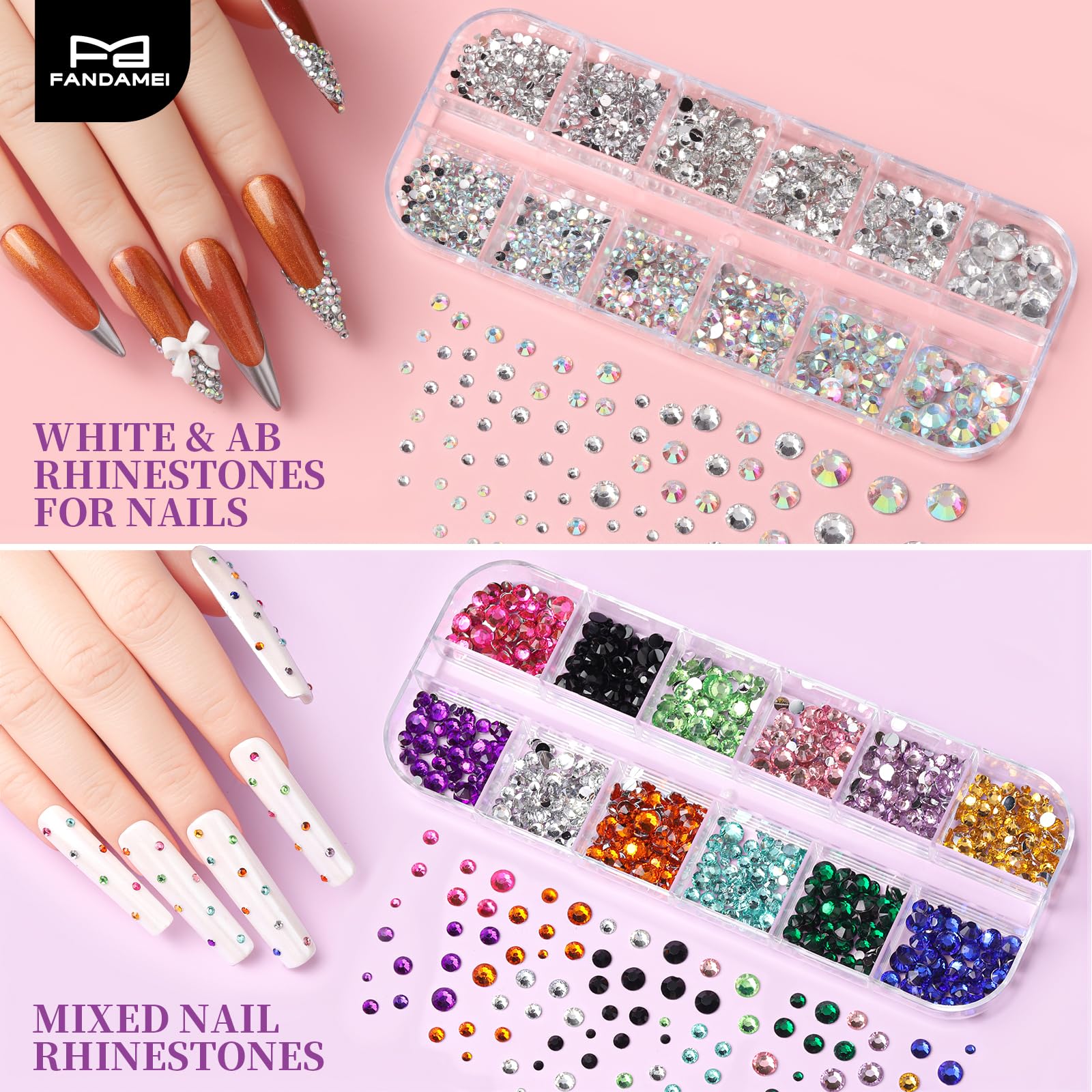 Rhinestones blancs et AB Fandamei pour un fini scintillant et élégant.