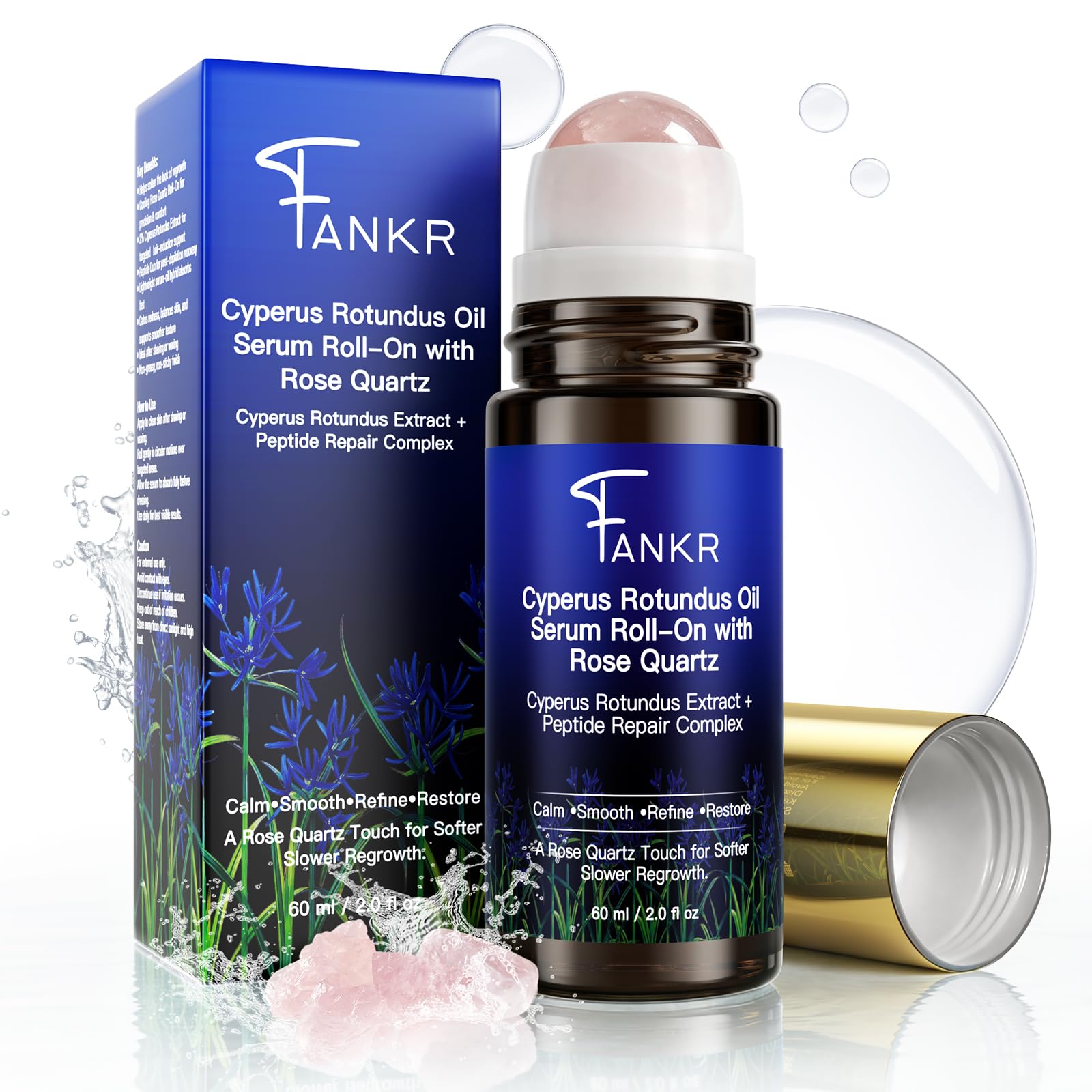 Fankr Cyperus Rotundus Serum Roller avec quartz rose pour une application précise.