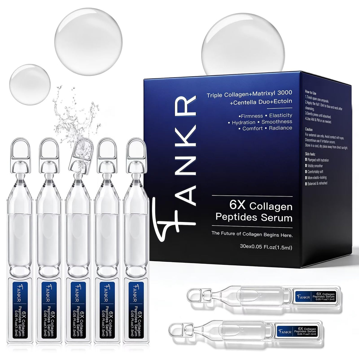 Sérum Fankr 6X Collagen en ampoules ouvertes pour une utilisation hygiénique.