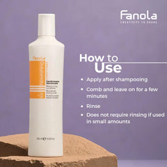 Fanola après-shampoing restructurant, appliquer sur cheveux humides pour faciliter le coiffage.
