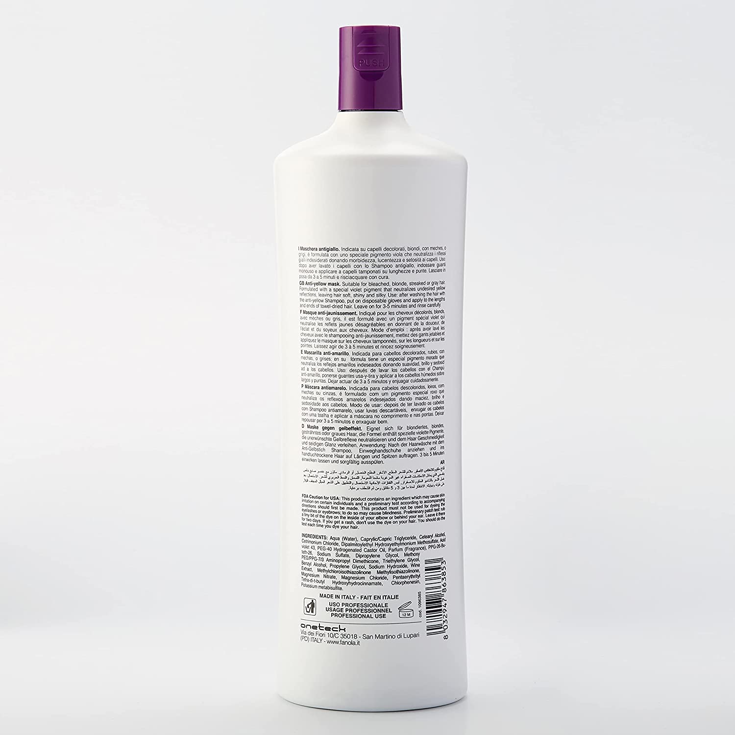 Détail du pigment violet Fanola No Yellow pour neutraliser le jaunissement.