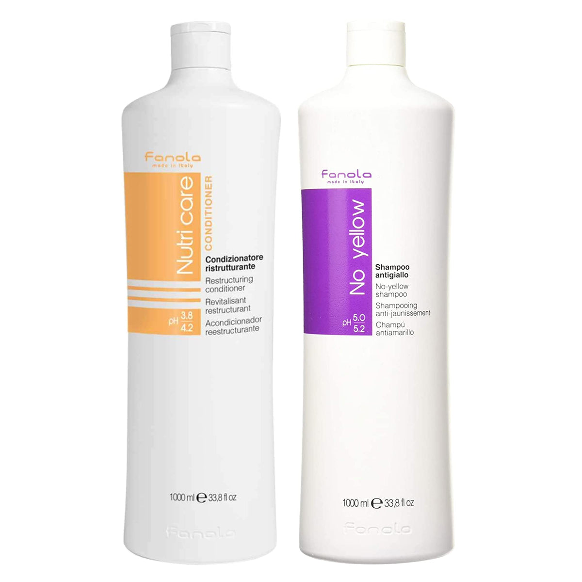 Fanola No Yellow – Bouteille violette, neutralise les tons jaunes pour des blondes lumineuses.