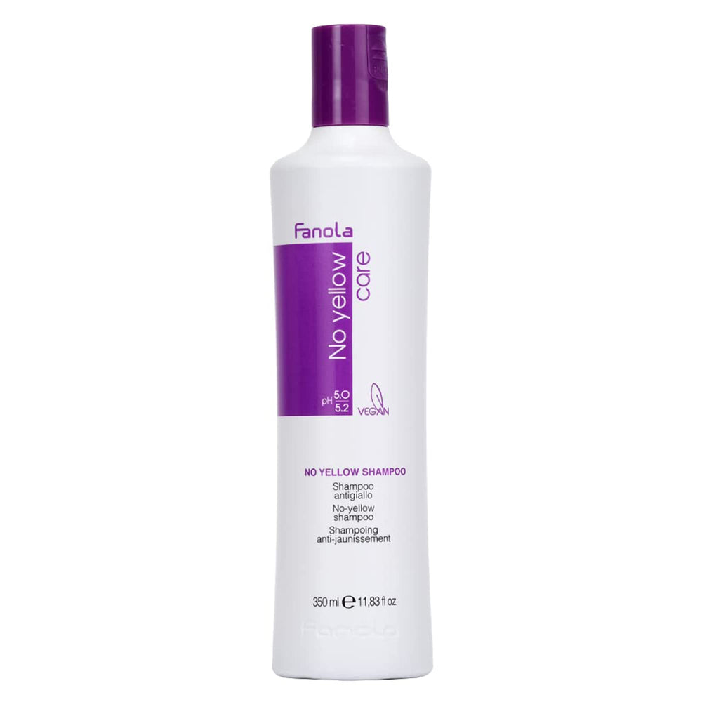 Fanola Shampooing Sans Jaune, bouteille violette, neutralise les tons jaunes sur cheveux gris.