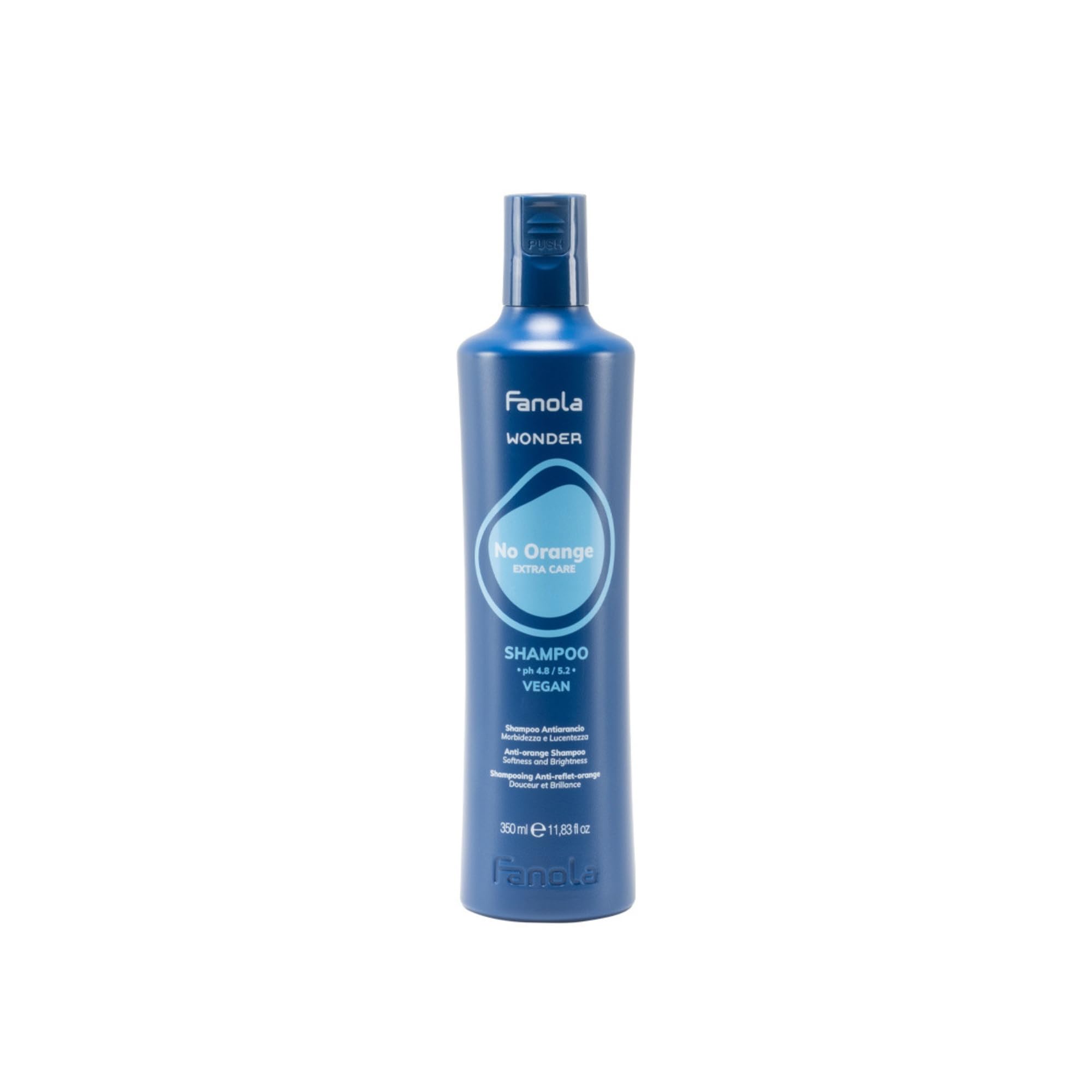 Fanola Wonder bouteille bleue, neutralise les tons orange sur cheveux éclaircis pour un rendu frais.