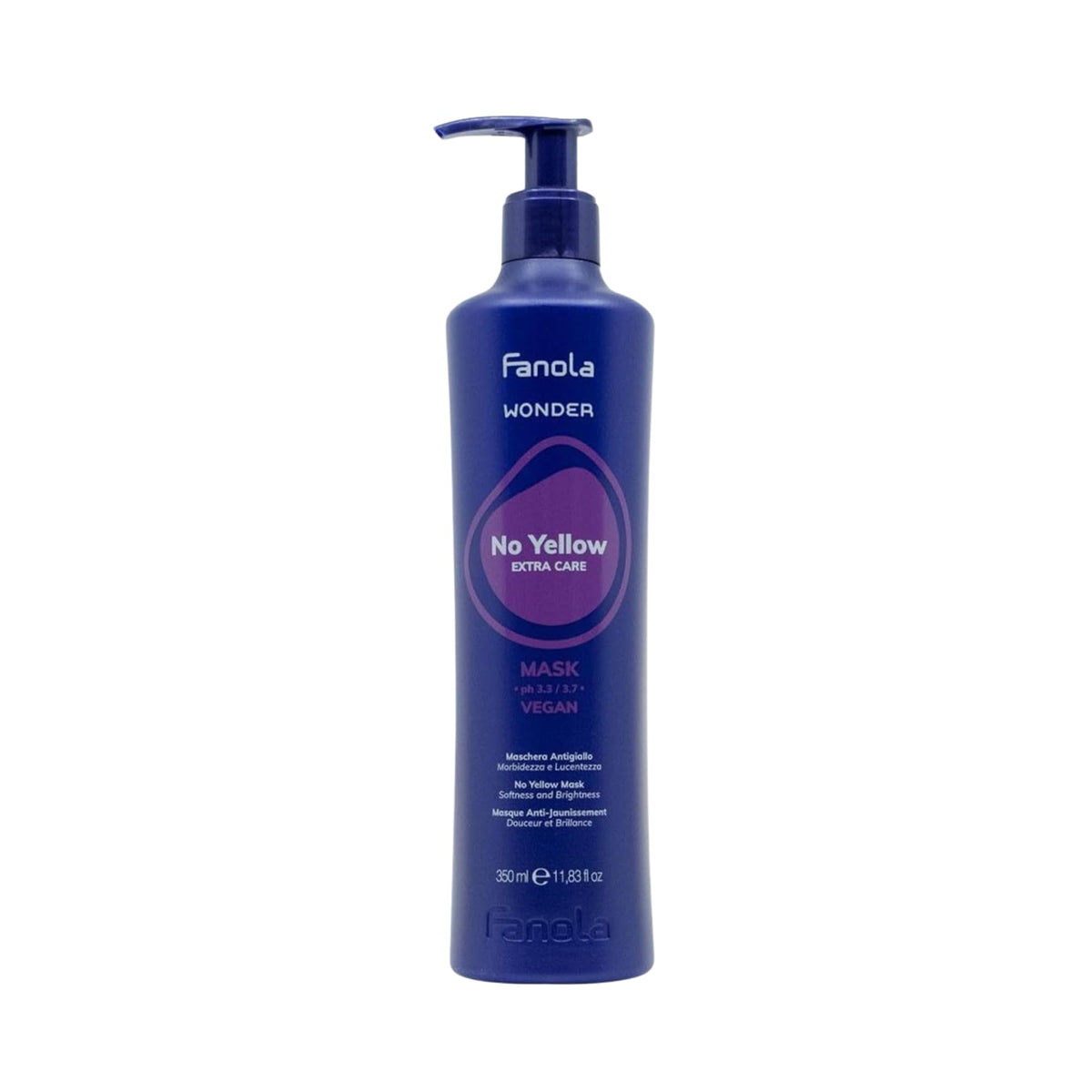 Fanola Wonder No Yellow - bouteille violette illustrant le soin neutralisant les reflets jaunes.