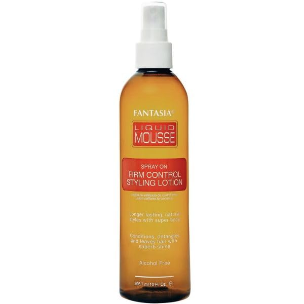 Fantasia Liquid Mousse Styling Lotion 10oz bottle showing detangling and flexible hold for defined curls