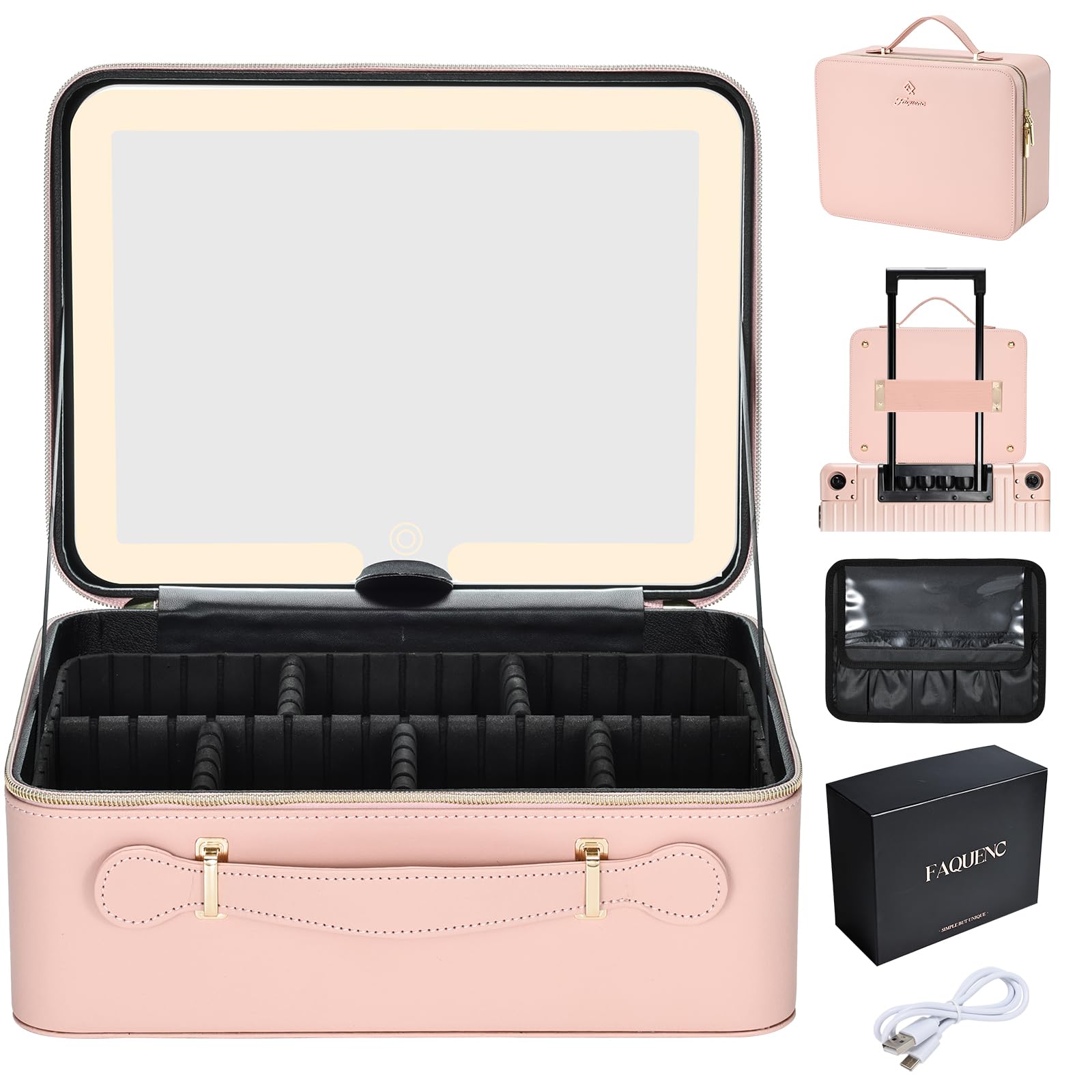 Faquenc coffret maquillage cuir rose avec miroir LED pour retouches rapides