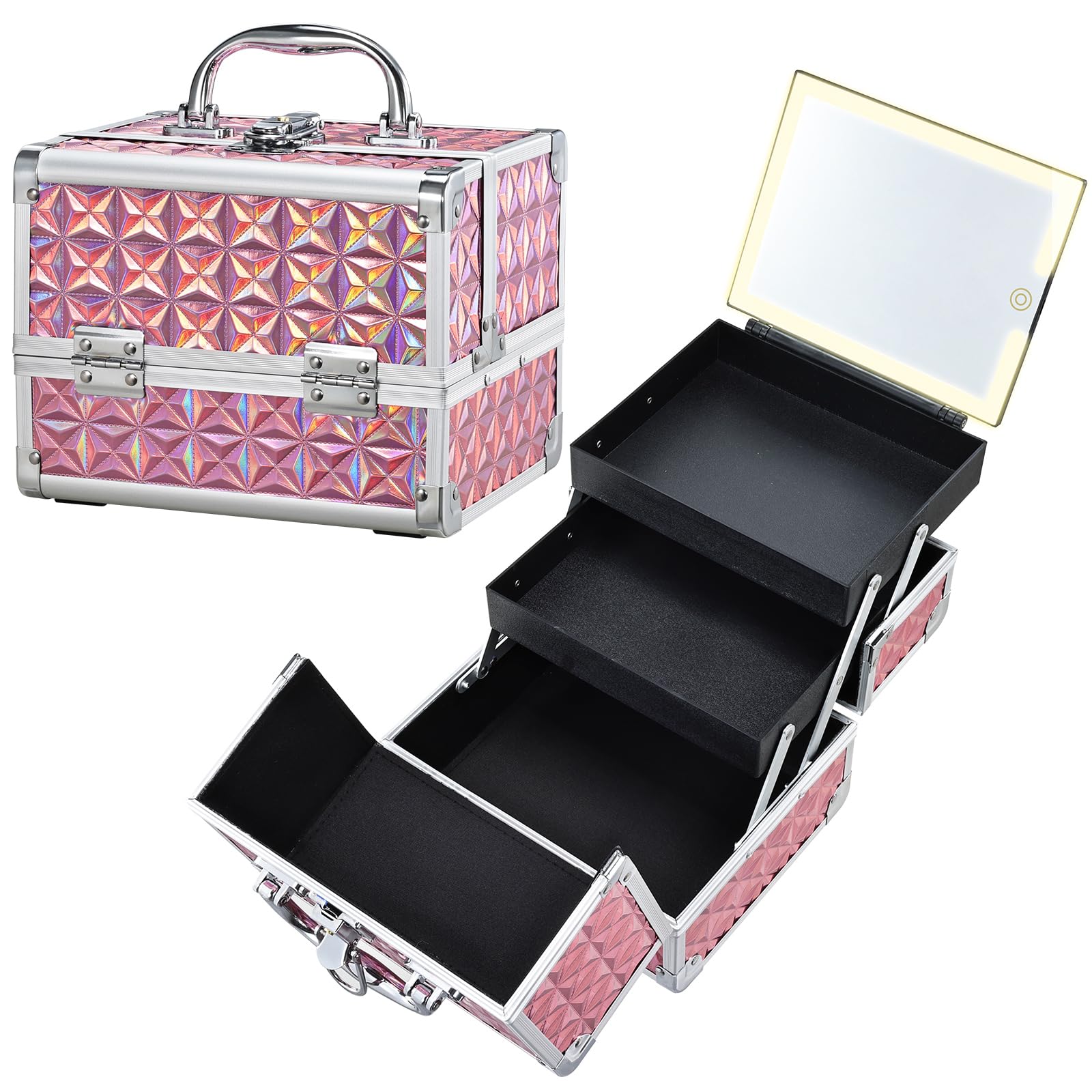 Mallette Faquenc maquillage avec extérieur rose étincelant et protection contre poussière et humidité.