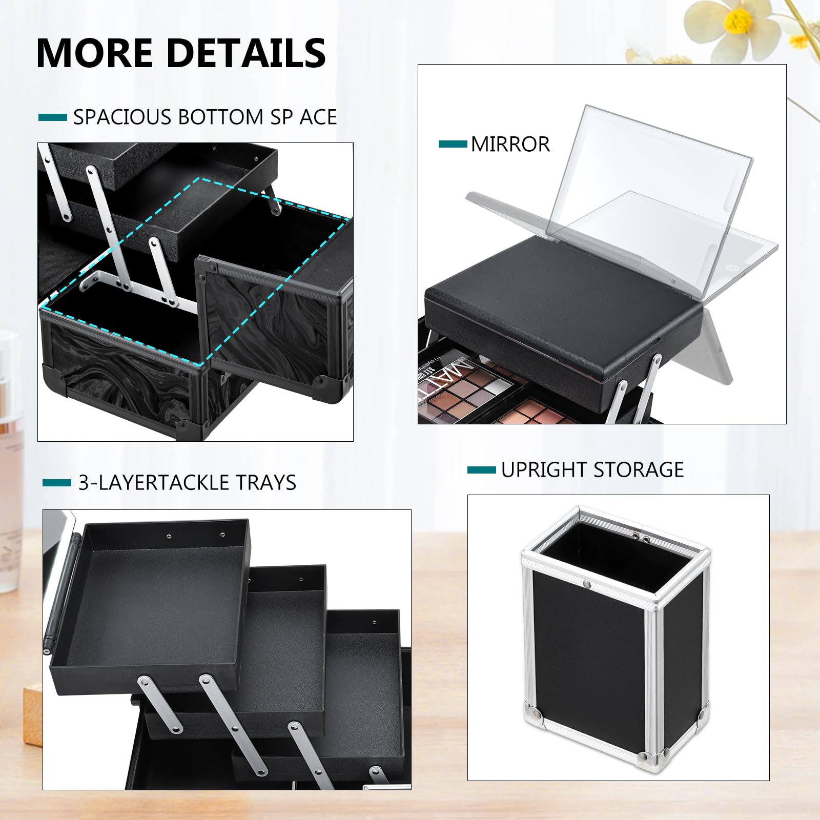 Faquenc Grand compartiment essentiels, espace pour fond de teint et poudres sans encombrement.