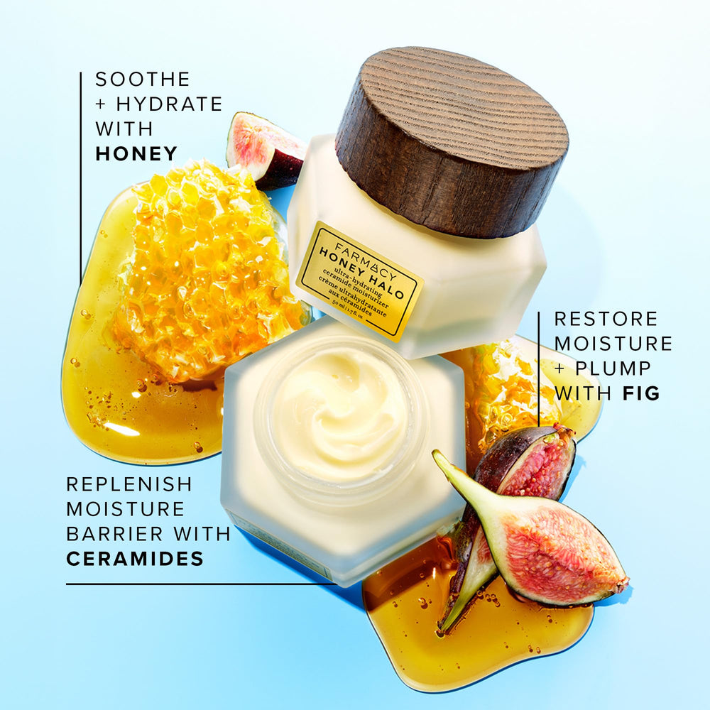 Farmacy Honey Halo ceramides: soutien de la barrière cutanée et rétention d'hydratation.