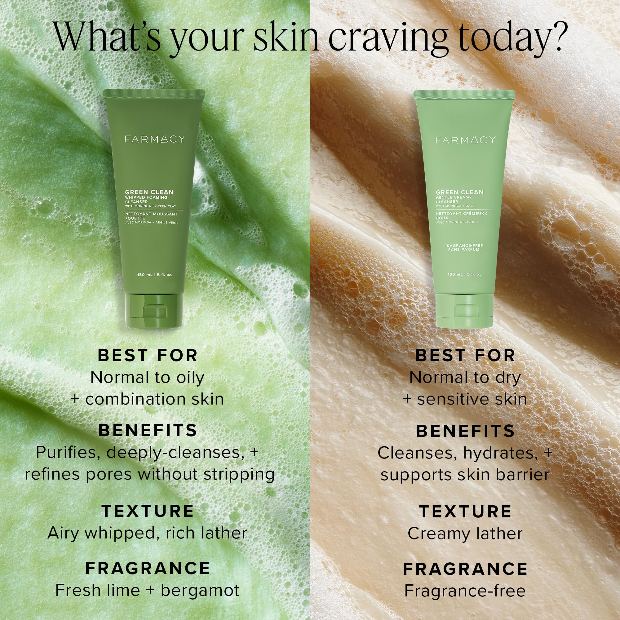 Farmacy nettoyant visage crèmeux pour peau fraîche et purifiée.