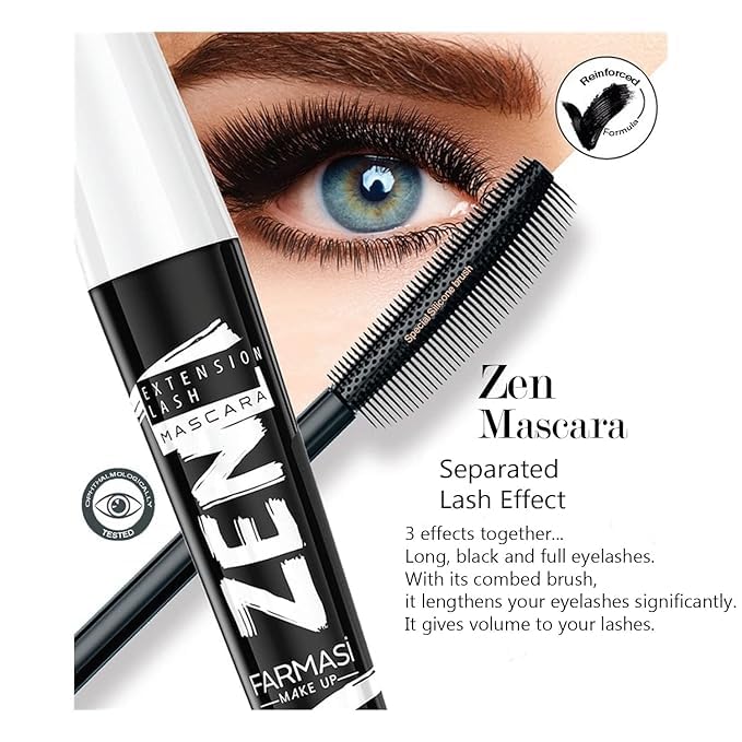 FARMASi Zen Extension Mascara – brosse silicone séparant parfaitement les cils.