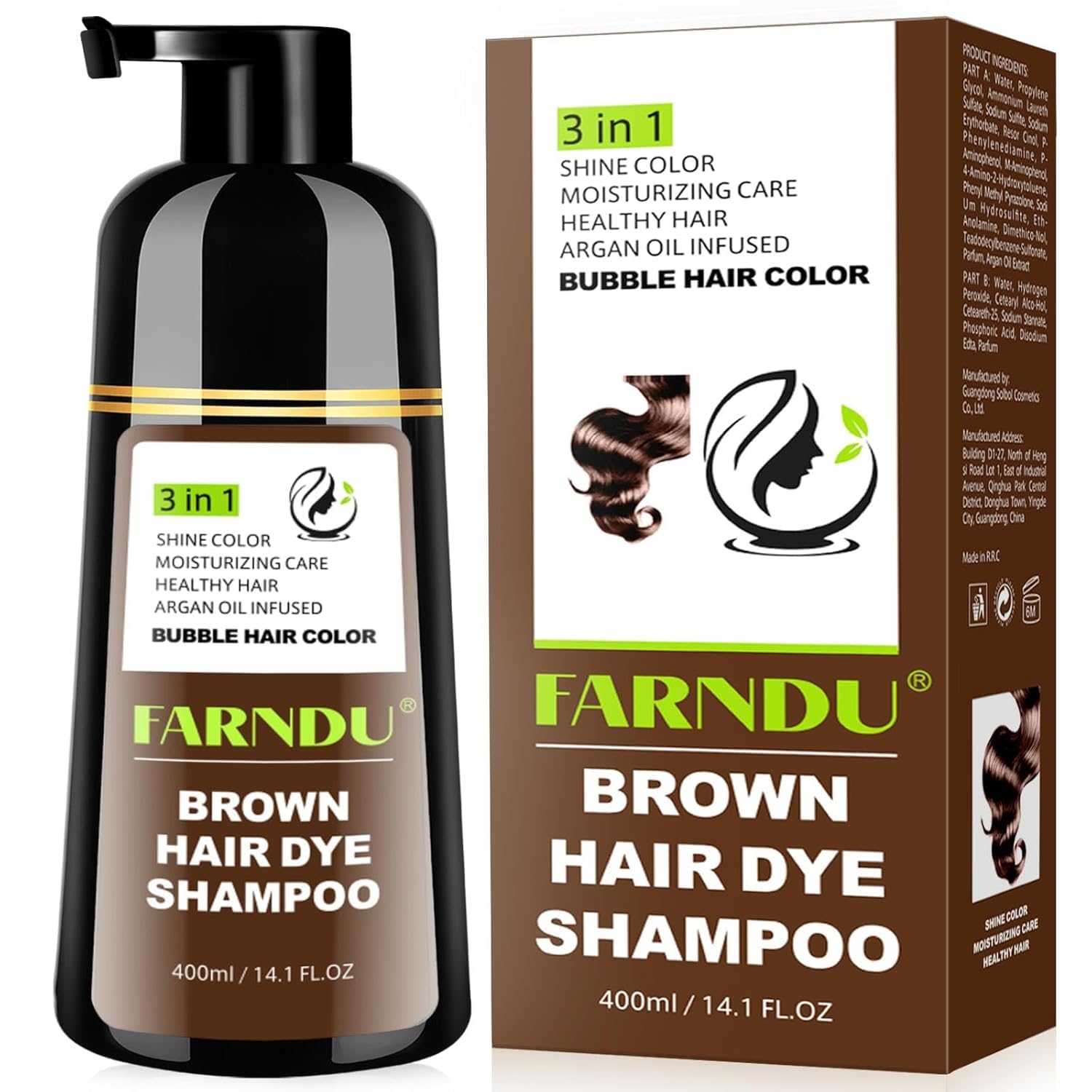 Farndu Brown Hair Dye Shampoo bottle highlighting 3-in-1 color and conditioning benefits.