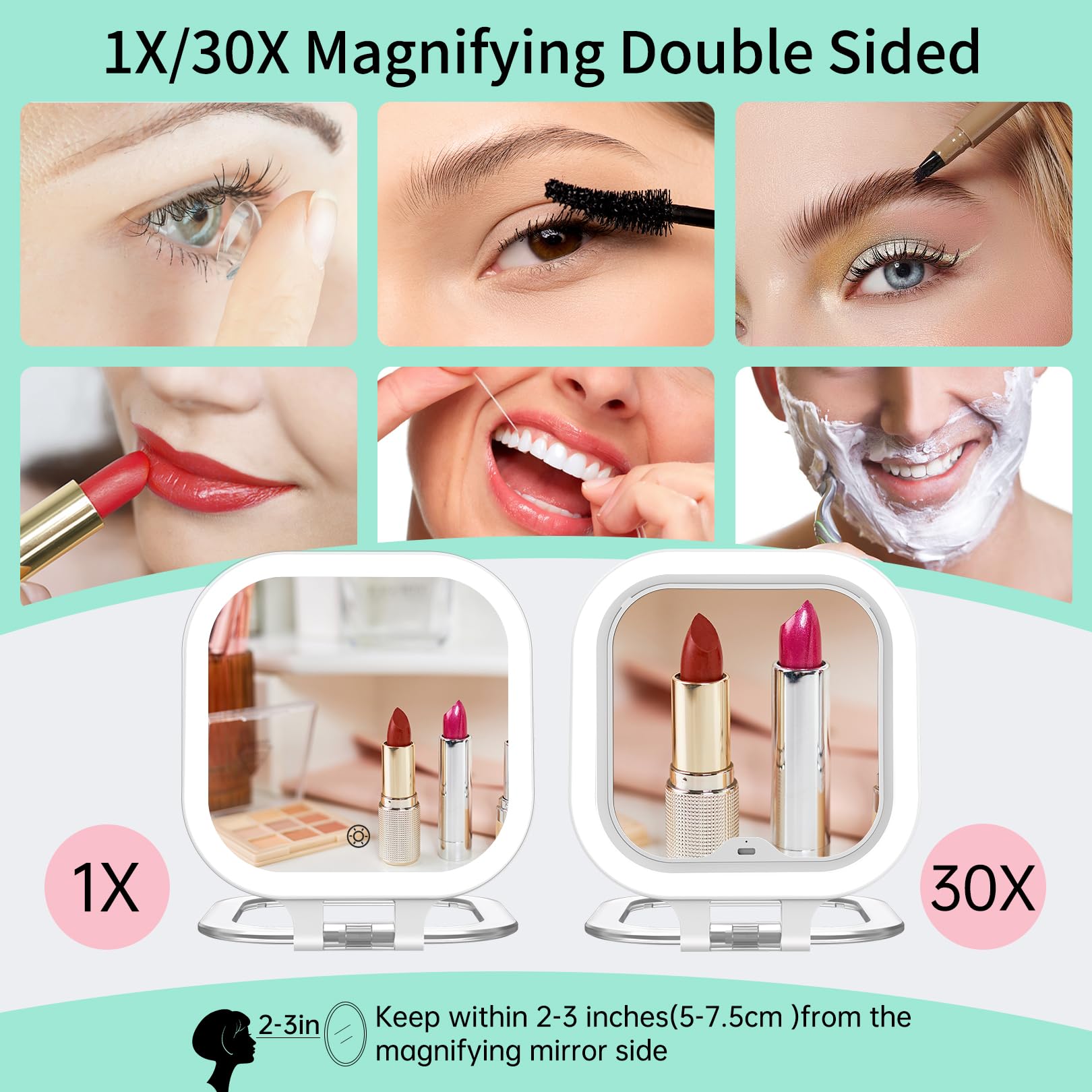 FASCINATE miroir double-face 1x et 30x pour précision du maquillage