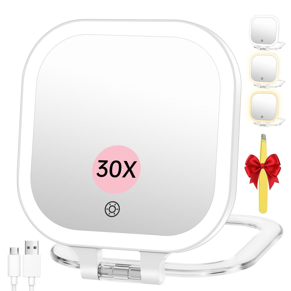 Miroir de voyage FASCINATE avec grossissement 30x pour retouches précises.