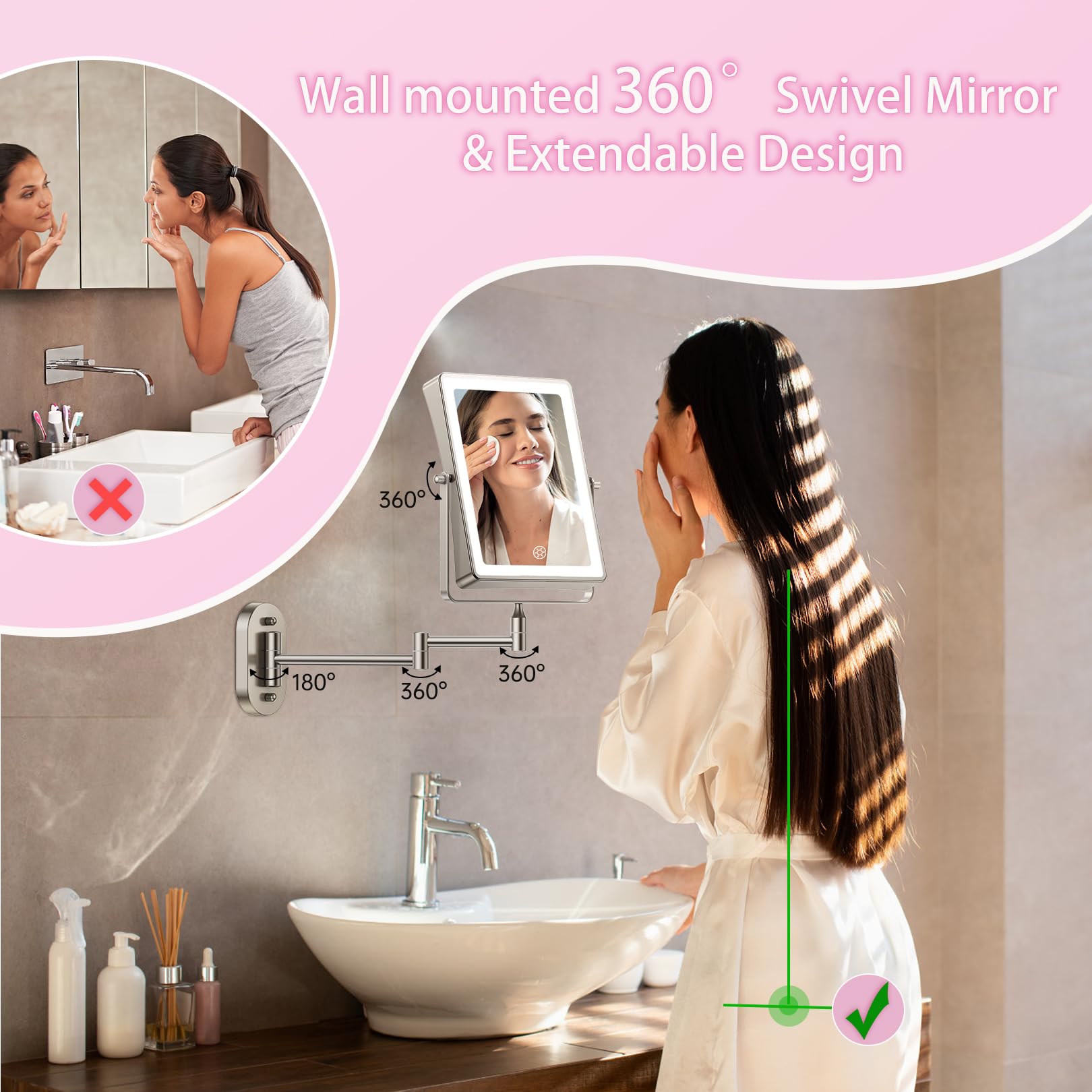 Miroir Fascinate rotation à 360° et bras pliable pour gagner de l’espace