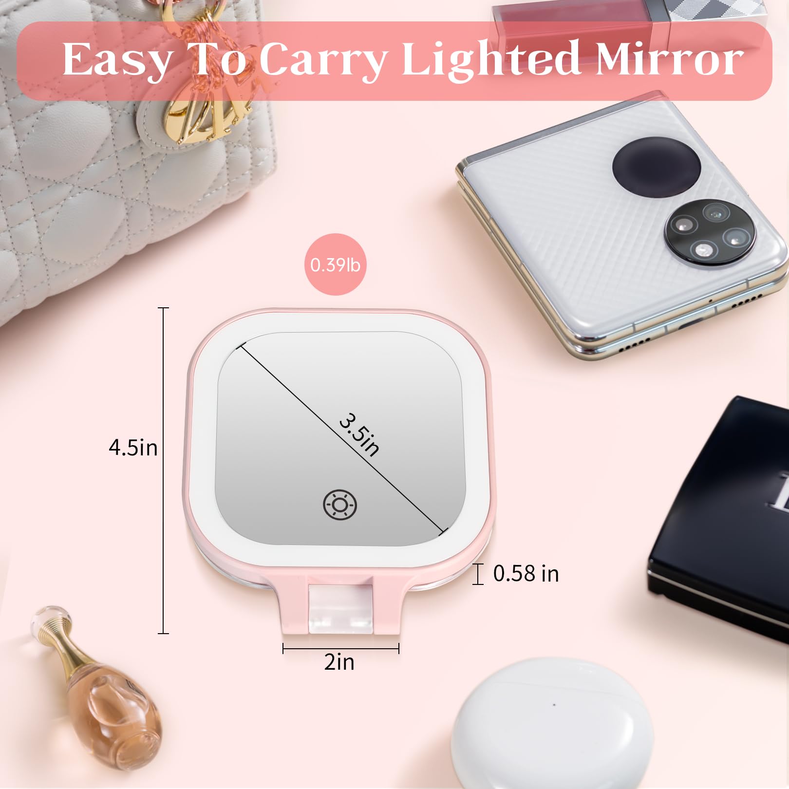Miroir Fascinate voyage rose câble USB-C inclus pour recharge rapide.