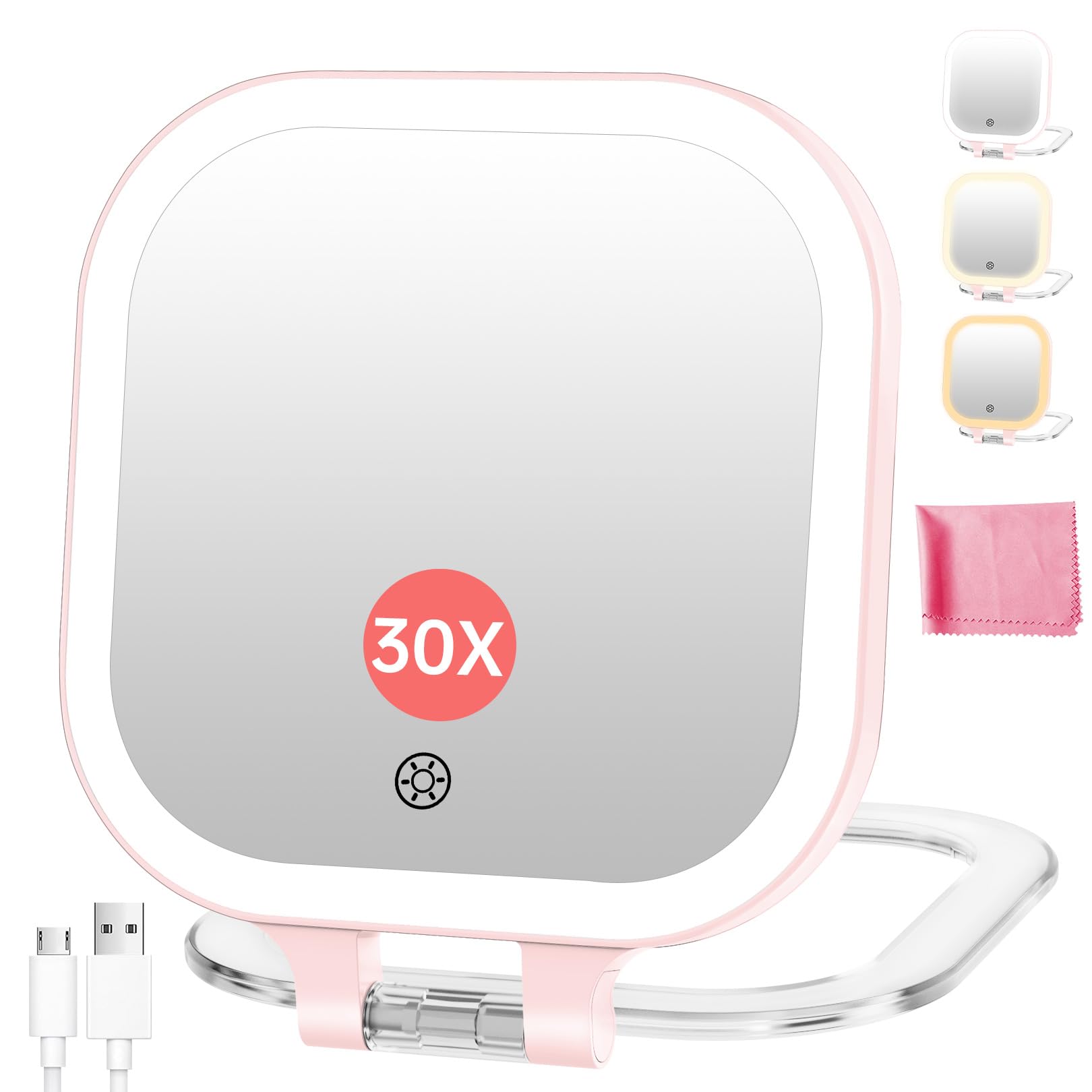 Miroir Fascinate voyage rose avec lumière LED pour maquillage précis en déplacement.