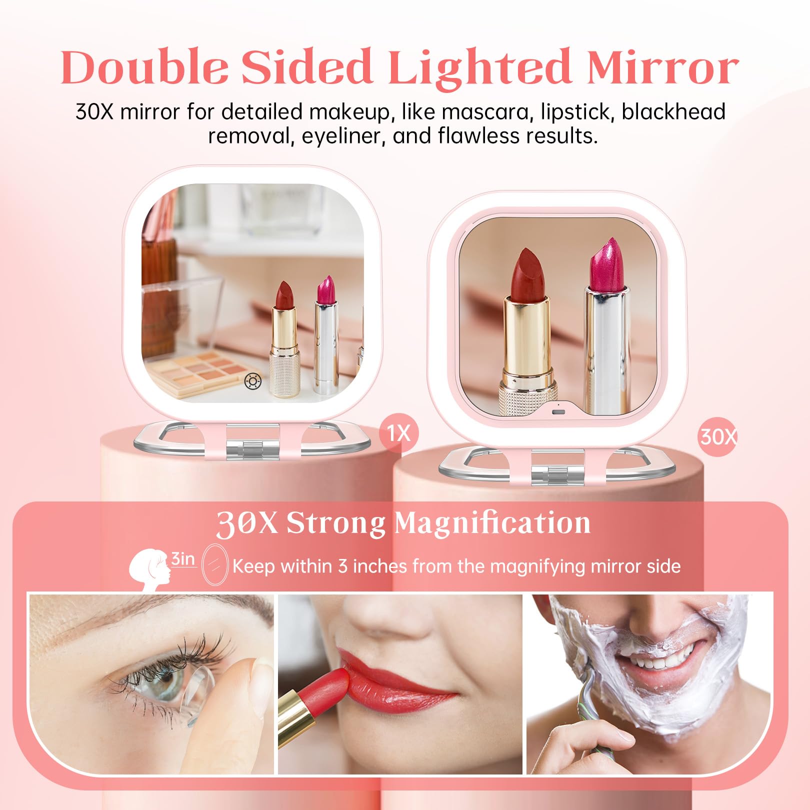 Miroir Fascinate voyage rose format compact et pliable pour sac à main.