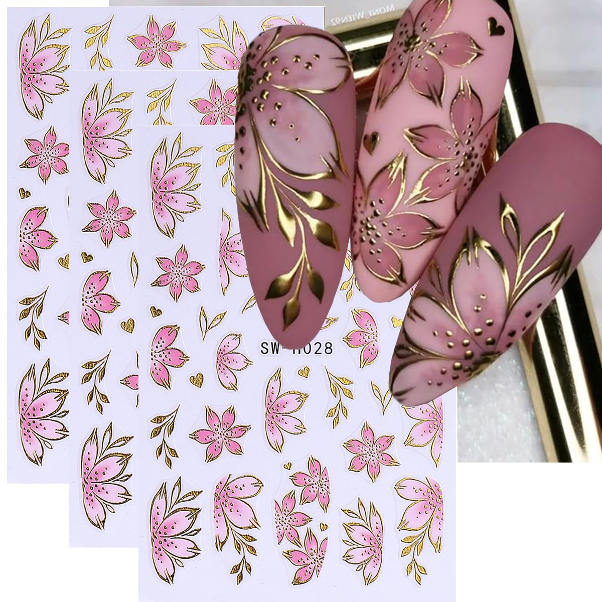 FBABFBUO autocollants ongles 3D fleurs roses, effet embossé, parfaits pour une manucure estivale.
